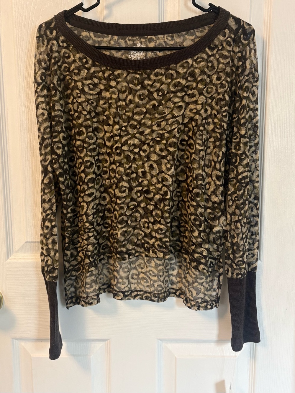 Anthropologie Pilcro Leopard Print Top Brown Olive Sheer Long Sleeve NWT S